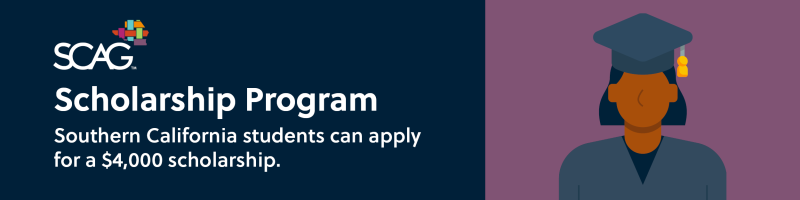 SCAG Scholarship Program banner with graduate illustration.
