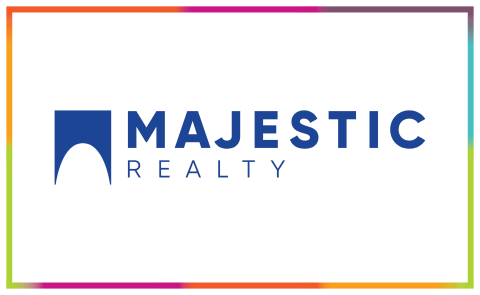 Majestic Realty logo with blue text and a rainbow border.